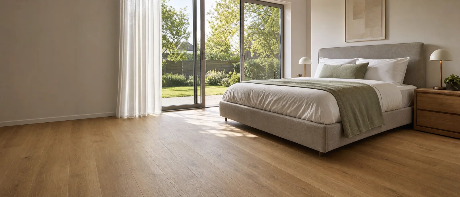 Slaapkamer met een warme houtlook vinylvloer